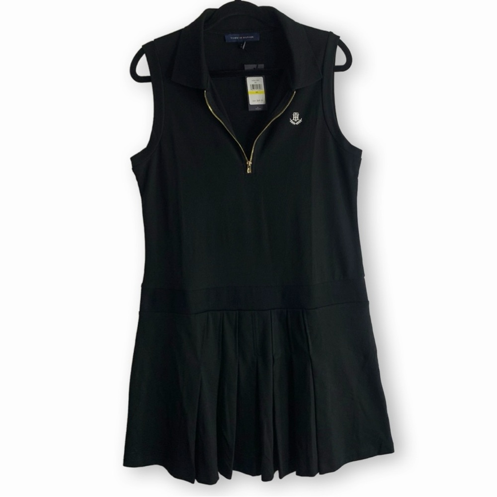 NWT Tommy Hilfiger Black Collared Pleated Sleeveless A-Line Dress Preppy, size M